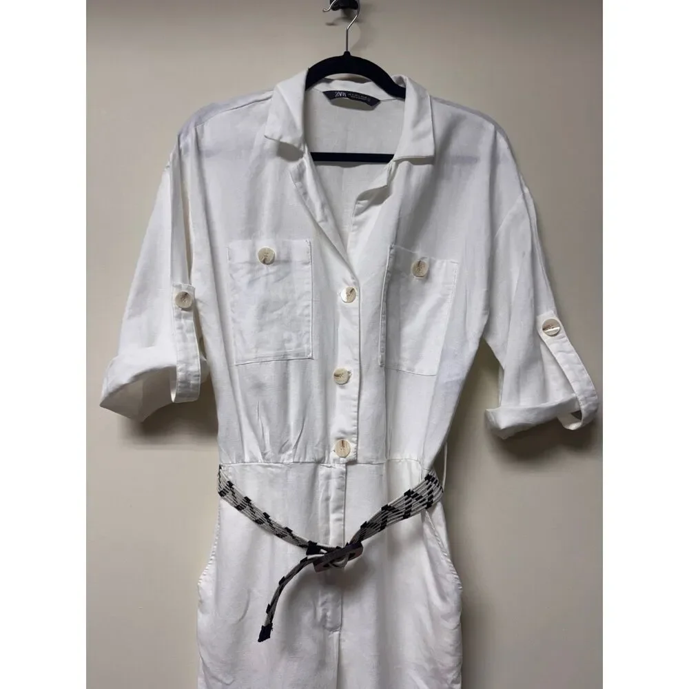 NWOT - ZARA Linen/Cotton Blend Belted Jumpsuit, Zip Fly, Roll Tab Sleeves, Sz S